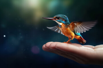Fototapeta premium Kingfisher bird feeding on a hand with Ai Generated