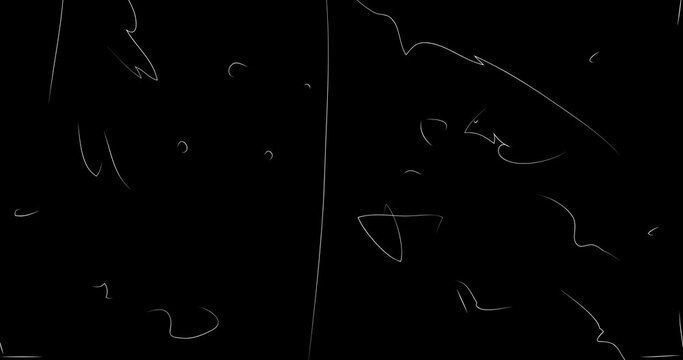 Animation of old chaotic film strip with grunge effect. Busy destroyed video surface background. Analog vintage TV signal with white scratches, words, cuts, dust and smudges.