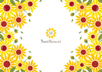 ひまわりの背景フレーム シンプル＆フラットな夏の花飾りイラスト
