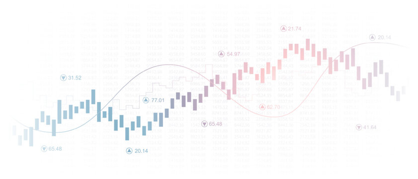 Widescreen abstract financial chart with line graph and glowing light on white color background