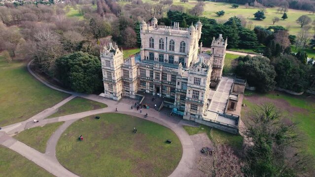 aerial view of a glorious Wollaton Hall (Natural History Museum) and Park. Wollaton Hall was designed by Robert Smythson and built by Sir Francis Willoughby between 1580 and 1588. Nottingham, UK. High