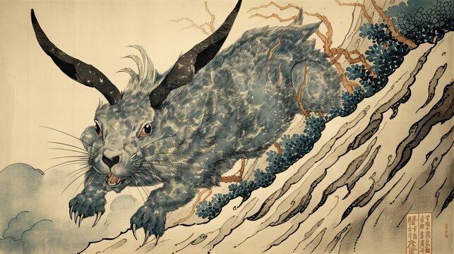 A retro zodiac drawn with the old-fashioned texture and dynamism of the rabbit is an illustration generated by his blue abstract, elegant and modern AI on old paper.