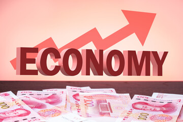 economy china with red arrow going up. chinese currency  financial growth rising