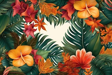 Tropical Leaves And Large Exotic Flowers Frame