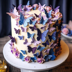 Photo a cake with a butterfly on it is surrounded by butterflies ai generated