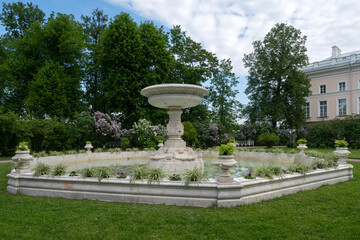 View of the marble fountain in the garden of the Catherine Park in Tsarskoye Selo on a sunny summer...