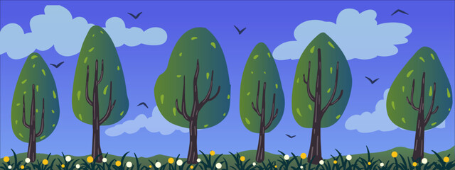 Spring cartoon landscape background. Clouds, trees on green grass with flowers.