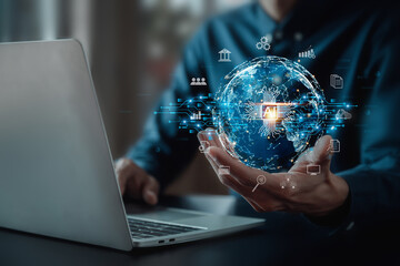 AI concept, artificial intelligence Businessman using AI smart robot technology inputting commands to analyze data and build something. future technology changes.	
