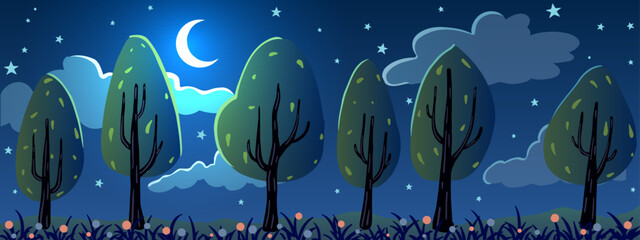 Night spring cartoon landscape background. Clouds, trees on green grass with flowers. - 609249942