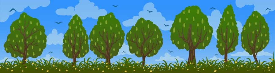 Spring cartoon landscape. Clouds, trees on green grass with flowers.