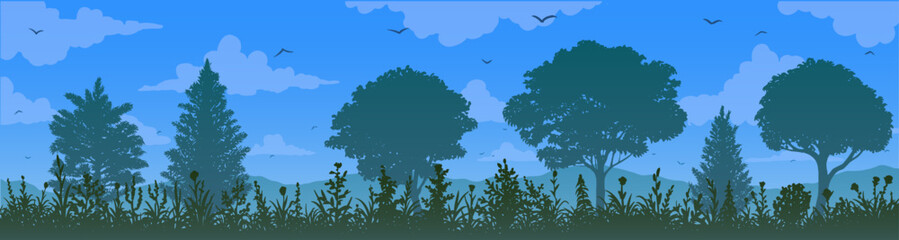 Summer vector landscape background. Clouds, silhouettes of trees on green grass with flowers