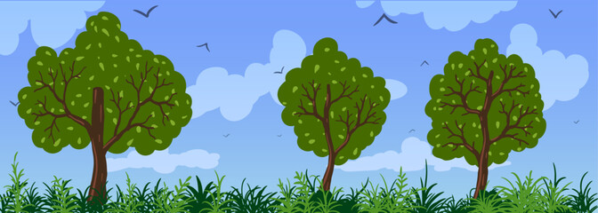 Spring cartoon landscape background. Clouds, trees on green grass  - 609249959
