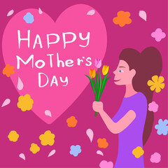 Mothers Day. woman character with flowers Inscription mom in heart on colorful background  - 609249960