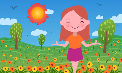 vector cartoon illustration of happy little girl on background of summer landscape sun among clouds, trees and flowers - 609249962