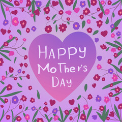Mothers Day. Inscription mom in heart on colorful flowers background 