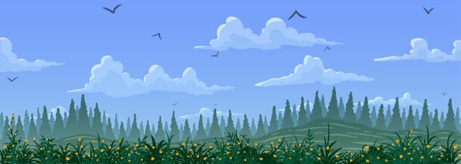Spring cartoon landscape background. Clouds, trees on green grass with flowers. - 609249965