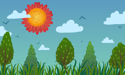 Spring cartoon landscape. Sun with clouds, trees on green grass with flowers.