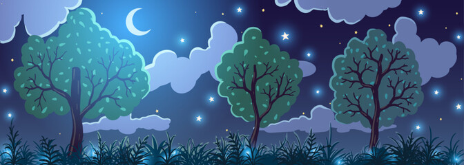 Night spring cartoon landscape background. Clouds, trees on green grass with flowers. - 609249977