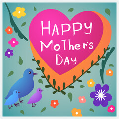Mothers Day. birds animals characters Inscription mom in heart on colorful background 