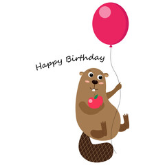 Vector birthday card with cute cartoon beaver and balloon