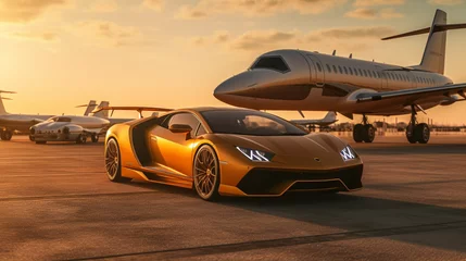 Rolgordijnen Golden luxury and convenience as you witness a supercar and private jet at a landing strip. The supercar's sleek silhouette and the private jet's, Generative AI © Tahsin