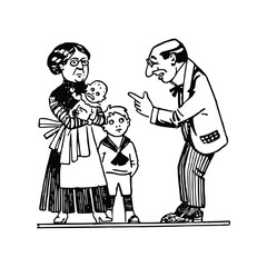 Grandmother, grandfather, and grandchild. Black and white vector illustration.