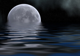 reflection of detailed moon on the sea, stars and clouds