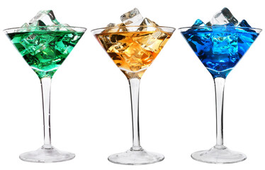 Three cocktails with ice over white