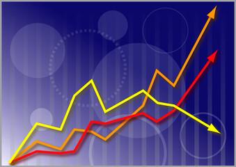 Share market performance graph with arrows going up and down