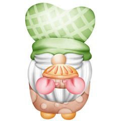 Digital painting gnome chef with green hat and pie
