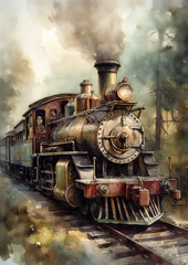 Fototapeta na wymiar Old vintage train watercolor art