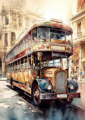 2 floor bus vintage watercolor style
