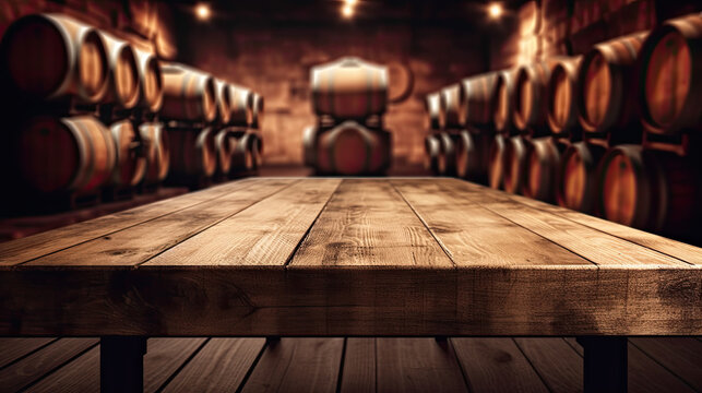 Wooden table with Wine barrels in wine-vaults in order on background Generative AI