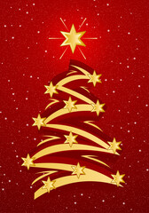 Naklejka na ściany i meble Stylized christmas tree illustation - Gold on red with snowfall background