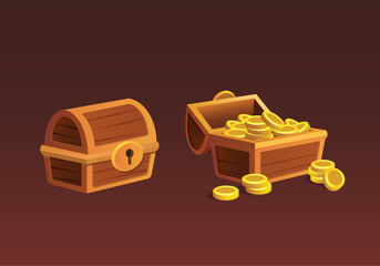 vector cartoon treasure chest with golden coins, open and closed antique box