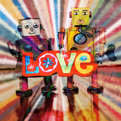 two robots in love  with rainbow background