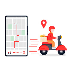 Online shopping, Food delivery. Icons to express, delivery Home. Motorcycle Delivery Service, Male Courier on Scooter with Parcel in Box. Mobile phone with application. Courier Tracking