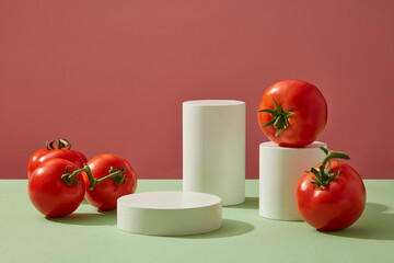 Advertising scene for cosmetic of tomato extract. Cylinder white podiums arranged with fresh...
