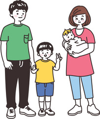 息子と手を繋ぐ父親　赤ちゃんを抱く母親