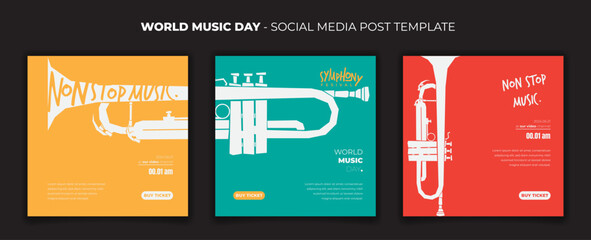 social media post template for world music day design with trombone in flat design - obrazy, fototapety, plakaty