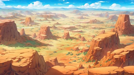 A extended-scene view of a dry, mountainous climate, painted with the vibrant and detailed style of anime. Generative AI