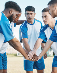 Soccer, sports group or team with hands together on field for fitness training or competition. Football player, club and diversity athlete men together for scrum, game motivation or teamwork outdoor
