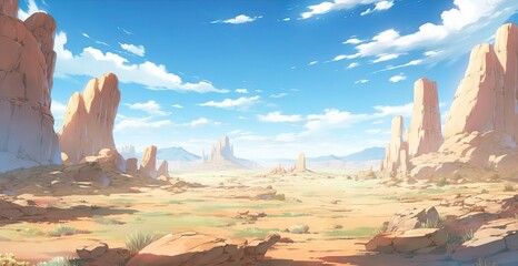 A extended-scene view of a dry, mountainous climate, painted with the vibrant and detailed style of anime. Generative AI