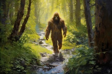 mysterious bigfoot sighting in the deep forest, generative AI illustration - obrazy, fototapety, plakaty