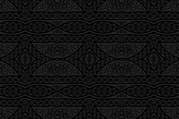 Embossed black background, vintage cover design. Geometric 3D pattern, press paper, leather. Boho, handmade. Tribal texture, ornamental unique ethnicity of East, Asia, India, Mexico, Aztec, Peru.