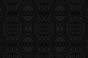 Embossed black background, trendy cover design. Geometric 3D pattern, press paper, leather. Boho, handmade. Tribal texture, ornamental unique ethnicity of East, Asia, India, Mexico, Aztec, Peru.