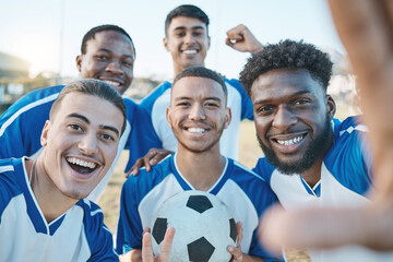 Sports, group selfie and soccer portrait of team on field for fitness training or game outdoor....
