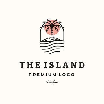 The island coconut tree line art logo vector minimalist illustration design, adventure destination symbol design