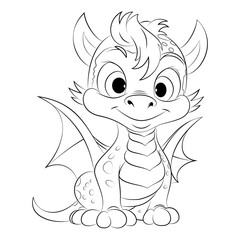 Cute dragon coloring book page for kids and adults. Vector illustration.