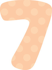 Cute pastel pattern number cartoon illustration for kids. Orange polka dot number seven.